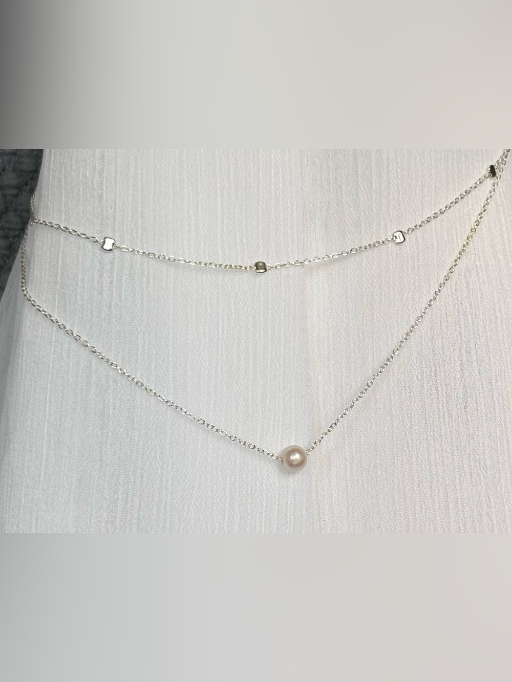 Set of Two Silver Necklaces with Single White Pearl and Small Silver Squares